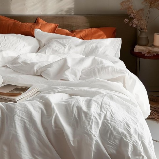 100% Washed Cotton Duvet Cover Queen Size - Natural White Minimalist Duvet Cover for All Seasons - 3 Pieces Plain Simple Cotton Duvet Cover Set with 2 Pillow Shams (White, Queen, 90"x90")