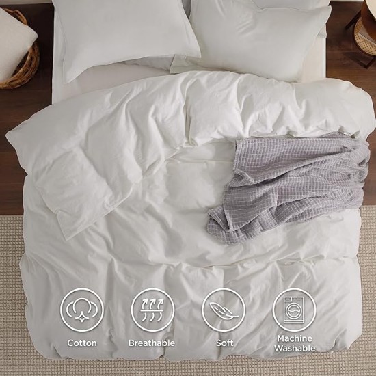 100% Washed Cotton Duvet Cover Queen Size - Natural White Minimalist Duvet Cover for All Seasons - 3 Pieces Plain Simple Cotton Duvet Cover Set with 2 Pillow Shams (White, Queen, 90"x90")