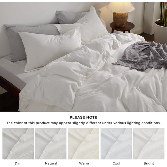 100% Washed Cotton Duvet Cover Queen Size - Natural White Minimalist Duvet Cover for All Seasons - 3 Pieces Plain Simple Cotton Duvet Cover Set with 2 Pillow Shams (White, Queen, 90"x90")