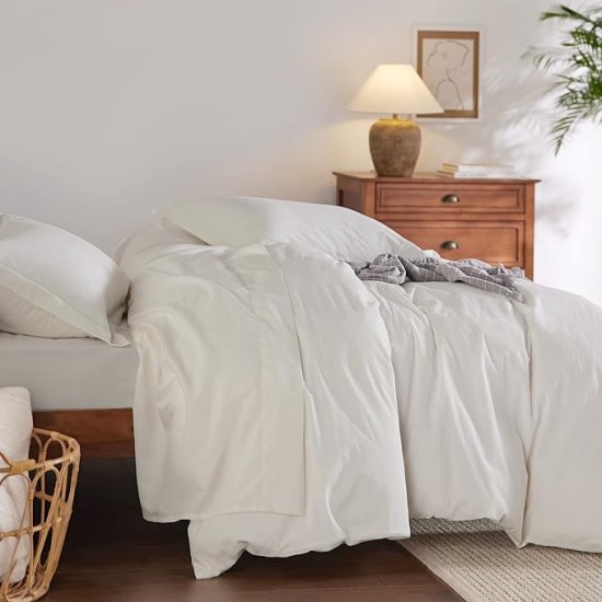 100% Washed Cotton Duvet Cover Queen Size - Natural White Minimalist Duvet Cover for All Seasons - 3 Pieces Plain Simple Cotton Duvet Cover Set with 2 Pillow Shams (White, Queen, 90"x90")