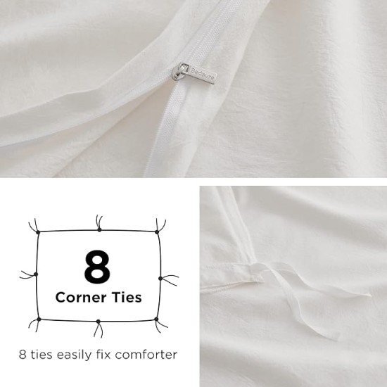 100% Washed Cotton Duvet Cover Queen Size - Natural White Minimalist Duvet Cover for All Seasons - 3 Pieces Plain Simple Cotton Duvet Cover Set with 2 Pillow Shams (White, Queen, 90"x90")