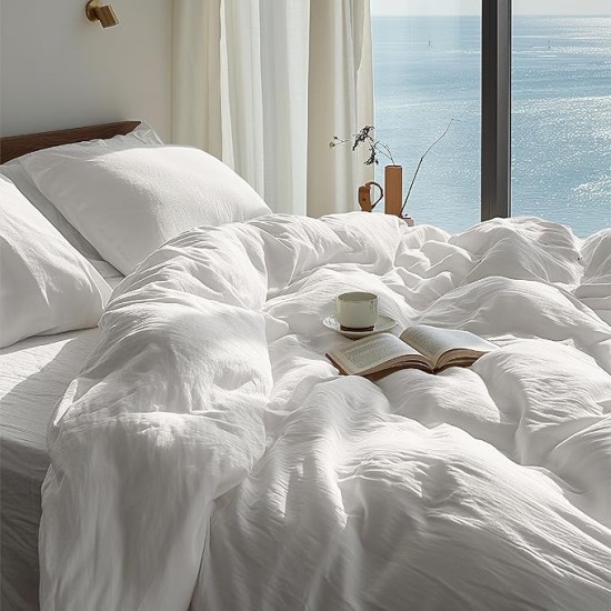 100% Washed Cotton Duvet Cover Queen Size - Natural White Minimalist Duvet Cover for All Seasons - 3 Pieces Plain Simple Cotton Duvet Cover Set with 2 Pillow Shams (White, Queen, 90"x90")