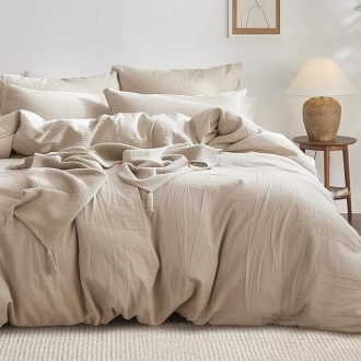 100% Washed Cotton Duvet Cover King Size - Warm Sand Minimalist Duvet Cover Set Linen Like - 3 Pieces Plain Simple Cotton Duvet Cover Set with 2 Pillow Shams (Warm Sand, King, 104"x90")