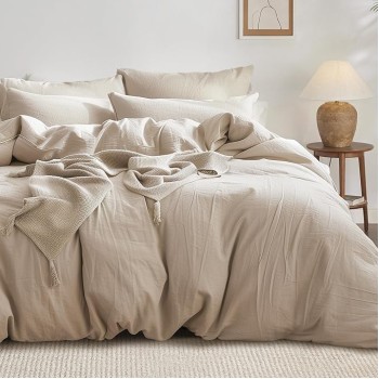 100% Washed Cotton Duvet Cover King Size - Warm Sand Minimalist Duvet Cover Set Linen Like - 3 Pieces Plain Simple Cotton Duvet Cover Set with 2 Pillow Shams (Warm Sand, King, 104"x90")