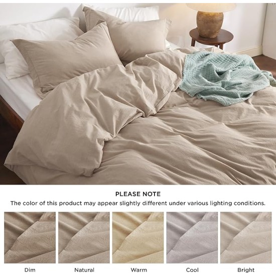 100% Washed Cotton Duvet Cover King Size - Warm Sand Minimalist Duvet Cover Set Linen Like - 3 Pieces Plain Simple Cotton Duvet Cover Set with 2 Pillow Shams (Warm Sand, King, 104"x90")