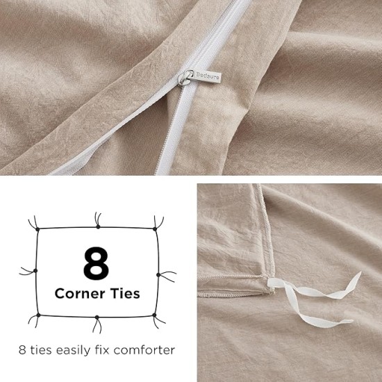 100% Washed Cotton Duvet Cover King Size - Warm Sand Minimalist Duvet Cover Set Linen Like - 3 Pieces Plain Simple Cotton Duvet Cover Set with 2 Pillow Shams (Warm Sand, King, 104"x90")