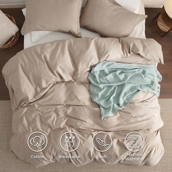 100% Washed Cotton Duvet Cover King Size - Warm Sand Minimalist Duvet Cover Set Linen Like - 3 Pieces Plain Simple Cotton Duvet Cover Set with 2 Pillow Shams (Warm Sand, King, 104"x90")