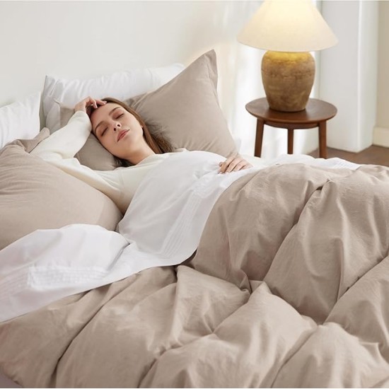 100% Washed Cotton Duvet Cover King Size - Warm Sand Minimalist Duvet Cover Set Linen Like - 3 Pieces Plain Simple Cotton Duvet Cover Set with 2 Pillow Shams (Warm Sand, King, 104"x90")