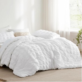 Bed in a Bag Queen - Queen Comforter Set 7 Pieces Plaid Seersucker Bedding Set, Soft Lightweight Down Alternative Comforter, Queen Bed Set (White Plaid, Queen)