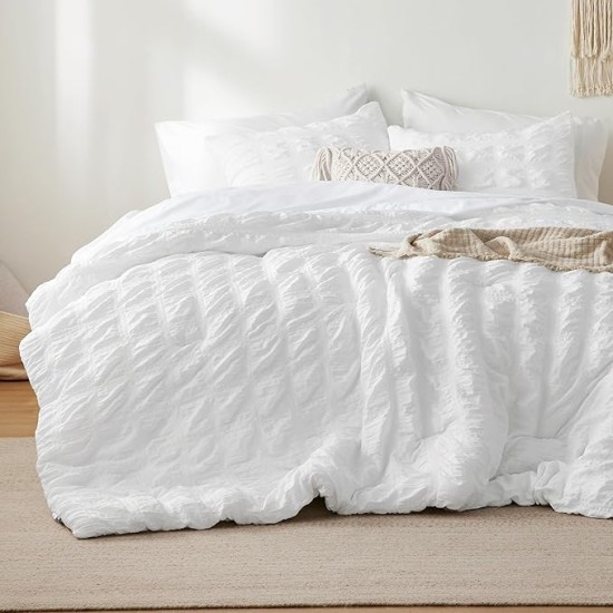 Bed in a Bag Queen - Queen Comforter Set 7 Pieces Plaid Seersucker Bedding Set, Soft Lightweight Down Alternative Comforter, Queen Bed Set (White Plaid, Queen)