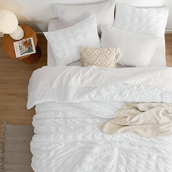 Bed in a Bag Queen - Queen Comforter Set 7 Pieces Plaid Seersucker Bedding Set, Soft Lightweight Down Alternative Comforter, Queen Bed Set (White Plaid, Queen)