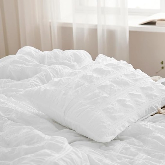 Bed in a Bag Queen - Queen Comforter Set 7 Pieces Plaid Seersucker Bedding Set, Soft Lightweight Down Alternative Comforter, Queen Bed Set (White Plaid, Queen)