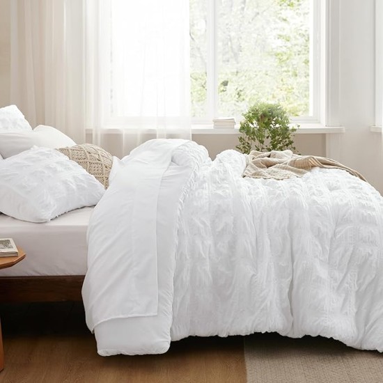 Bed in a Bag Queen - Queen Comforter Set 7 Pieces Plaid Seersucker Bedding Set, Soft Lightweight Down Alternative Comforter, Queen Bed Set (White Plaid, Queen)