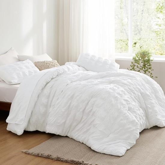 Bed in a Bag Queen - Queen Comforter Set 7 Pieces Plaid Seersucker Bedding Set, Soft Lightweight Down Alternative Comforter, Queen Bed Set (White Plaid, Queen)
