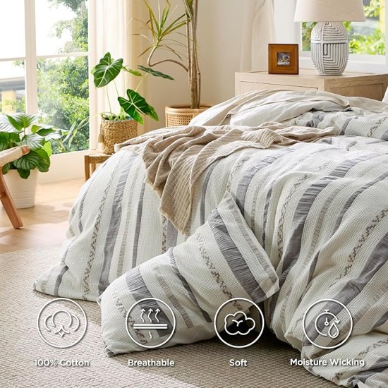Waffle Weave Duvet Cover Queen - 100% Cotton Boho Duvet Cover Set with 2 Pillowcases - Extra Soft Cream White Textured Comforter Cover with Zipper Closure (Queen, 90"x90")