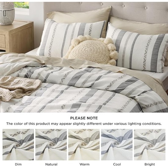 Waffle Weave Duvet Cover Queen - 100% Cotton Boho Duvet Cover Set with 2 Pillowcases - Extra Soft Cream White Textured Comforter Cover with Zipper Closure (Queen, 90"x90")