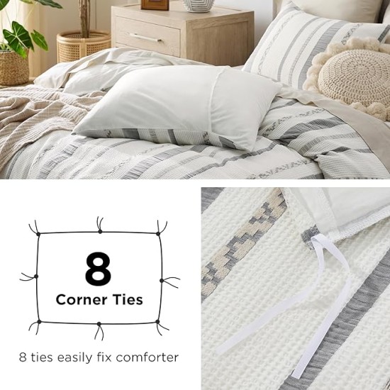 Waffle Weave Duvet Cover Queen - 100% Cotton Boho Duvet Cover Set with 2 Pillowcases - Extra Soft Cream White Textured Comforter Cover with Zipper Closure (Queen, 90"x90")