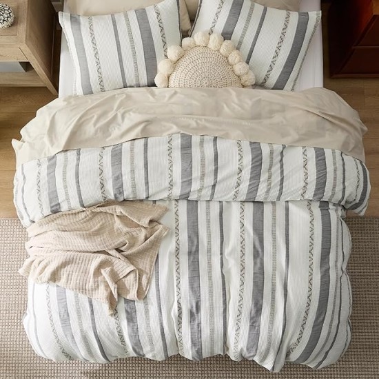 Waffle Weave Duvet Cover Queen - 100% Cotton Boho Duvet Cover Set with 2 Pillowcases - Extra Soft Cream White Textured Comforter Cover with Zipper Closure (Queen, 90"x90")