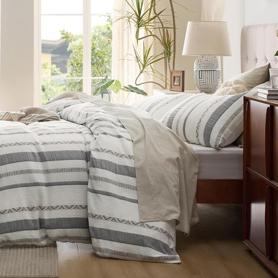 Waffle Weave Duvet Cover Queen - 100% Cotton Boho Duvet Cover Set with 2 Pillowcases - Extra Soft Cream White Textured Comforter Cover with Zipper Closure (Queen, 90"x90")