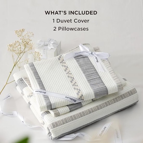 Waffle Weave Duvet Cover Queen - 100% Cotton Boho Duvet Cover Set with 2 Pillowcases - Extra Soft Cream White Textured Comforter Cover with Zipper Closure (Queen, 90"x90")