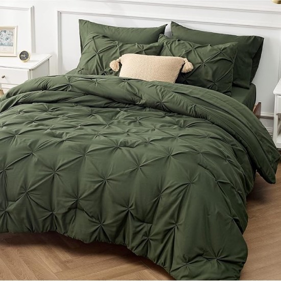 Queen Comforter Set Olive Green - Bed in a Bag Queen Size 7 Pieces, Pintuck Bedding Sets Gift for Christmas, Pinch Pleat Bed Set with Queen Size Comforter, Sheets, Pillowcases & Shams