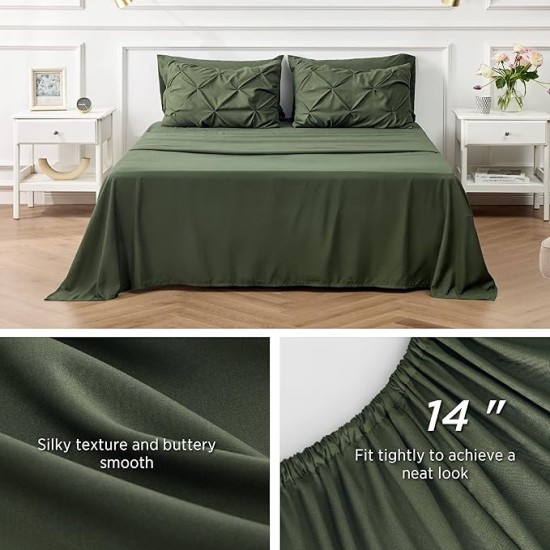 Queen Comforter Set Olive Green - Bed in a Bag Queen Size 7 Pieces, Pintuck Bedding Sets Gift for Christmas, Pinch Pleat Bed Set with Queen Size Comforter, Sheets, Pillowcases & Shams