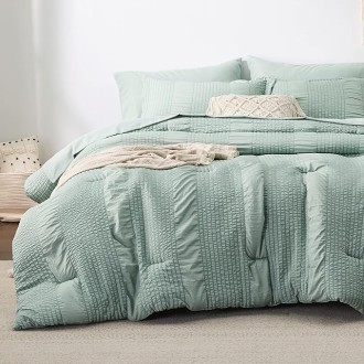 Queen Comforter Set - 7 Pieces Striped Seersucker Jacquard Comforter Bedding Set, Bed in a Bag with Comforter, Flat Sheet, Fitted Sheet, Pillowcases & Shams, Sage Green