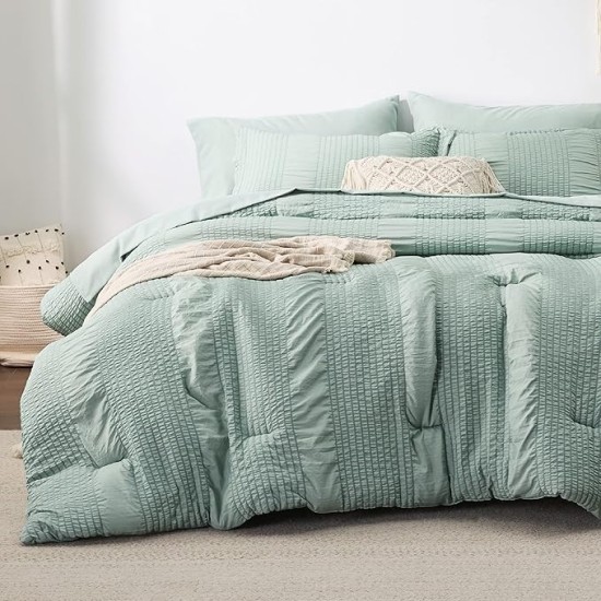Queen Comforter Set - 7 Pieces Striped Seersucker Jacquard Comforter Bedding Set, Bed in a Bag with Comforter, Flat Sheet, Fitted Sheet, Pillowcases & Shams, Sage Green