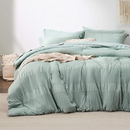 Queen Comforter Set - 7 Pieces Striped Seersucker Jacquard Comforter Bedding Set, Bed in a Bag with Comforter, Flat Sheet, Fitted Sheet, Pillowcases & Shams, Sage Green