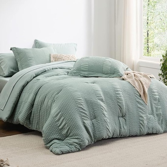 Queen Comforter Set - 7 Pieces Striped Seersucker Jacquard Comforter Bedding Set, Bed in a Bag with Comforter, Flat Sheet, Fitted Sheet, Pillowcases & Shams, Sage Green