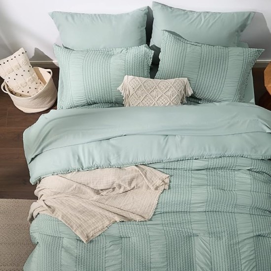 Queen Comforter Set - 7 Pieces Striped Seersucker Jacquard Comforter Bedding Set, Bed in a Bag with Comforter, Flat Sheet, Fitted Sheet, Pillowcases & Shams, Sage Green