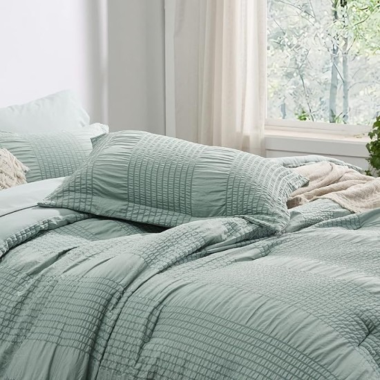 Queen Comforter Set - 7 Pieces Striped Seersucker Jacquard Comforter Bedding Set, Bed in a Bag with Comforter, Flat Sheet, Fitted Sheet, Pillowcases & Shams, Sage Green