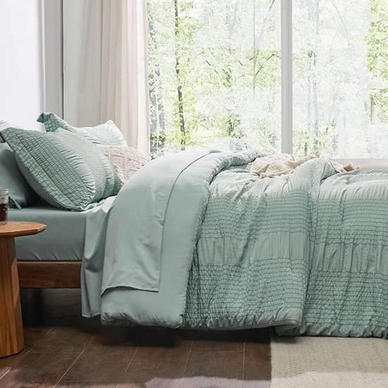 Queen Comforter Set - 7 Pieces Striped Seersucker Jacquard Comforter Bedding Set, Bed in a Bag with Comforter, Flat Sheet, Fitted Sheet, Pillowcases & Shams, Sage Green