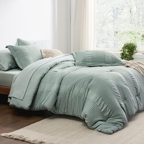 Queen Comforter Set - 7 Pieces Striped Seersucker Jacquard Comforter Bedding Set, Bed in a Bag with Comforter, Flat Sheet, Fitted Sheet, Pillowcases & Shams, Sage Green