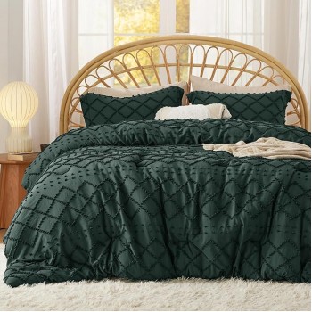Queen Comforter Set - Dark Emerald Green Comforter, Forest Green Boho Tufted Shabby Chic Bedding Comforter Set, 3 Pieces Vintage Farmhouse Bed Set with 2 Pillow Shams for All Seasons