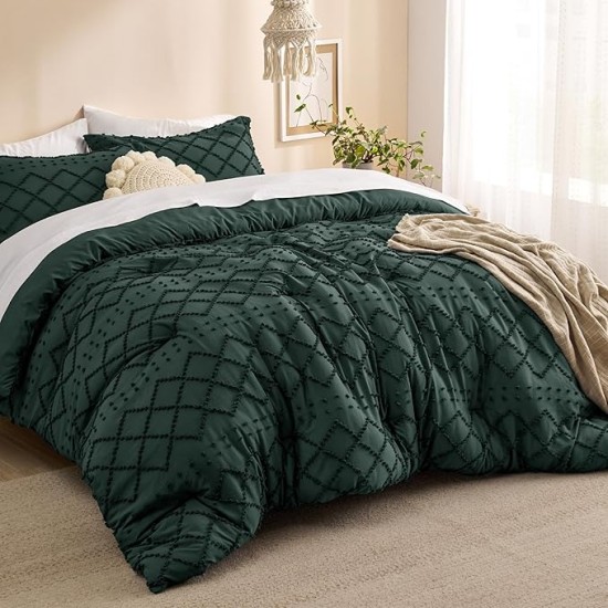Queen Comforter Set - Dark Emerald Green Comforter, Forest Green Boho Tufted Shabby Chic Bedding Comforter Set, 3 Pieces Vintage Farmhouse Bed Set with 2 Pillow Shams for All Seasons