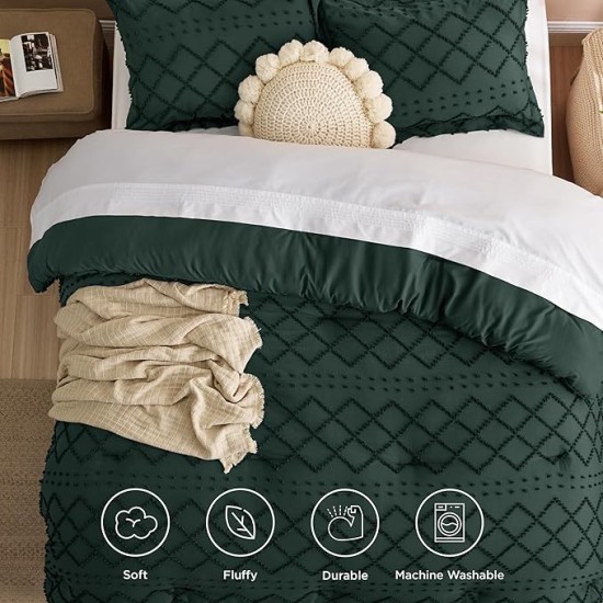 Queen Comforter Set - Dark Emerald Green Comforter, Forest Green Boho Tufted Shabby Chic Bedding Comforter Set, 3 Pieces Vintage Farmhouse Bed Set with 2 Pillow Shams for All Seasons