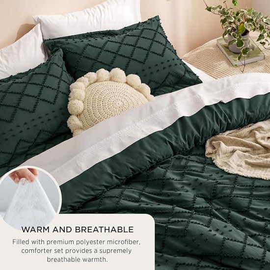Queen Comforter Set - Dark Emerald Green Comforter, Forest Green Boho Tufted Shabby Chic Bedding Comforter Set, 3 Pieces Vintage Farmhouse Bed Set with 2 Pillow Shams for All Seasons