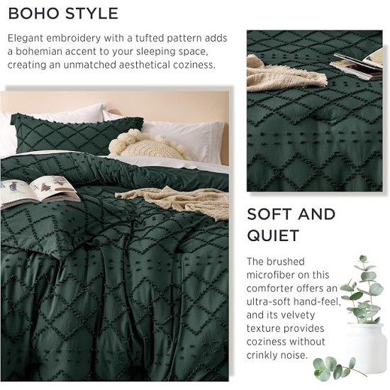 Queen Comforter Set - Dark Emerald Green Comforter, Forest Green Boho Tufted Shabby Chic Bedding Comforter Set, 3 Pieces Vintage Farmhouse Bed Set with 2 Pillow Shams for All Seasons