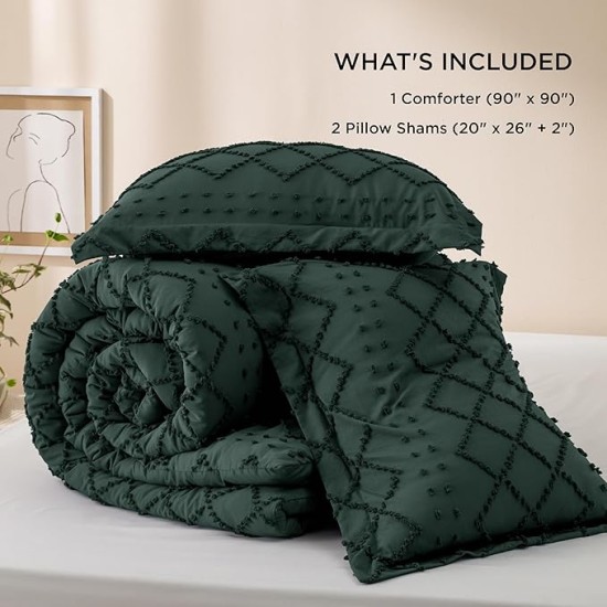 Queen Comforter Set - Dark Emerald Green Comforter, Forest Green Boho Tufted Shabby Chic Bedding Comforter Set, 3 Pieces Vintage Farmhouse Bed Set with 2 Pillow Shams for All Seasons