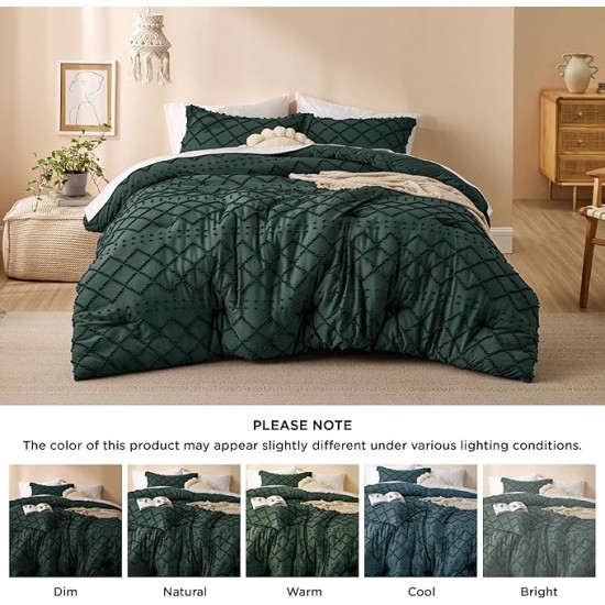 Queen Comforter Set - Dark Emerald Green Comforter, Forest Green Boho Tufted Shabby Chic Bedding Comforter Set, 3 Pieces Vintage Farmhouse Bed Set with 2 Pillow Shams for All Seasons