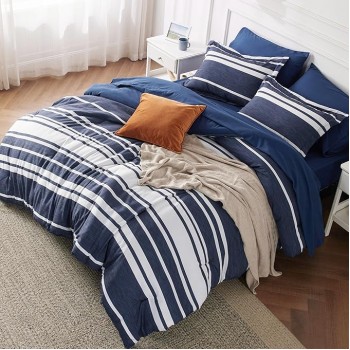 Bed in a Bag Queen 7 Pieces - Navy & White Striped Comforter Set Queen All Season Bed Set, Bed Set Queen Size with 1 Comforter, 1 Flat Sheet, 1 Fitted Sheet, 2 Pillowcases & 2 Shams
