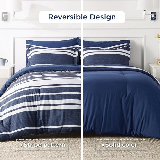 Bed in a Bag Queen 7 Pieces - Navy & White Striped Comforter Set Queen All Season Bed Set, Bed Set Queen Size with 1 Comforter, 1 Flat Sheet, 1 Fitted Sheet, 2 Pillowcases & 2 Shams