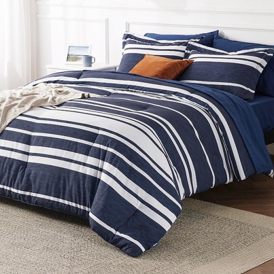 Bed in a Bag Queen 7 Pieces - Navy & White Striped Comforter Set Queen All Season Bed Set, Bed Set Queen Size with 1 Comforter, 1 Flat Sheet, 1 Fitted Sheet, 2 Pillowcases & 2 Shams