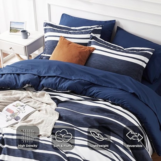Bed in a Bag Queen 7 Pieces - Navy & White Striped Comforter Set Queen All Season Bed Set, Bed Set Queen Size with 1 Comforter, 1 Flat Sheet, 1 Fitted Sheet, 2 Pillowcases & 2 Shams