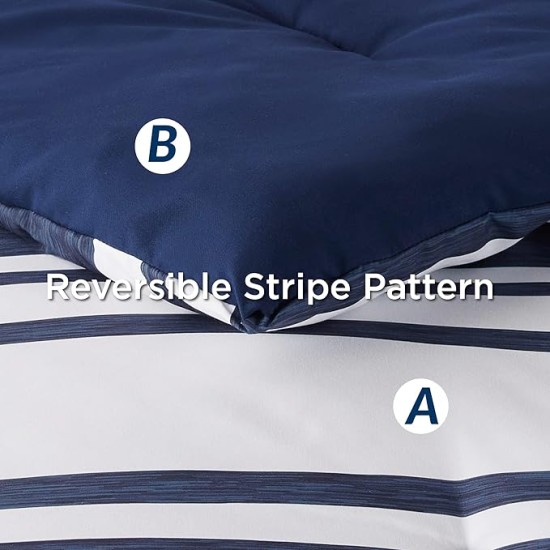 Bed in a Bag Queen 7 Pieces - Navy & White Striped Comforter Set Queen All Season Bed Set, Bed Set Queen Size with 1 Comforter, 1 Flat Sheet, 1 Fitted Sheet, 2 Pillowcases & 2 Shams