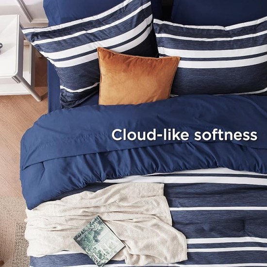 Bed in a Bag Queen 7 Pieces - Navy & White Striped Comforter Set Queen All Season Bed Set, Bed Set Queen Size with 1 Comforter, 1 Flat Sheet, 1 Fitted Sheet, 2 Pillowcases & 2 Shams