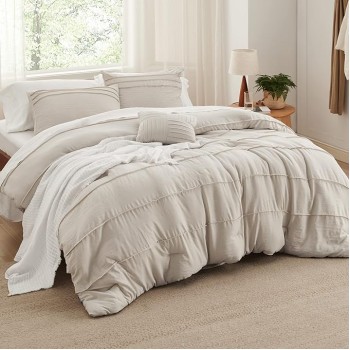 Beige Queen Comforter Set - 4 Pieces Pinch Pleat Bed Set, Down Alternative Bedding Sets for All Season, 1 Comforter, 2 Pillowcases, 1 Decorative Pillow