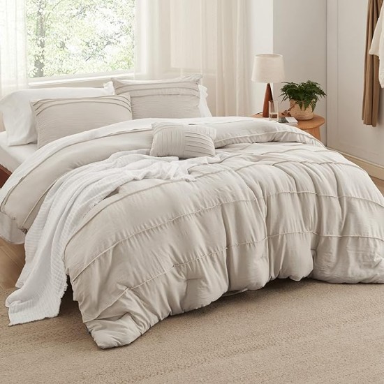 Beige Queen Comforter Set - 4 Pieces Pinch Pleat Bed Set, Down Alternative Bedding Sets for All Season, 1 Comforter, 2 Pillowcases, 1 Decorative Pillow