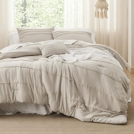 Beige Queen Comforter Set - 4 Pieces Pinch Pleat Bed Set, Down Alternative Bedding Sets for All Season, 1 Comforter, 2 Pillowcases, 1 Decorative Pillow